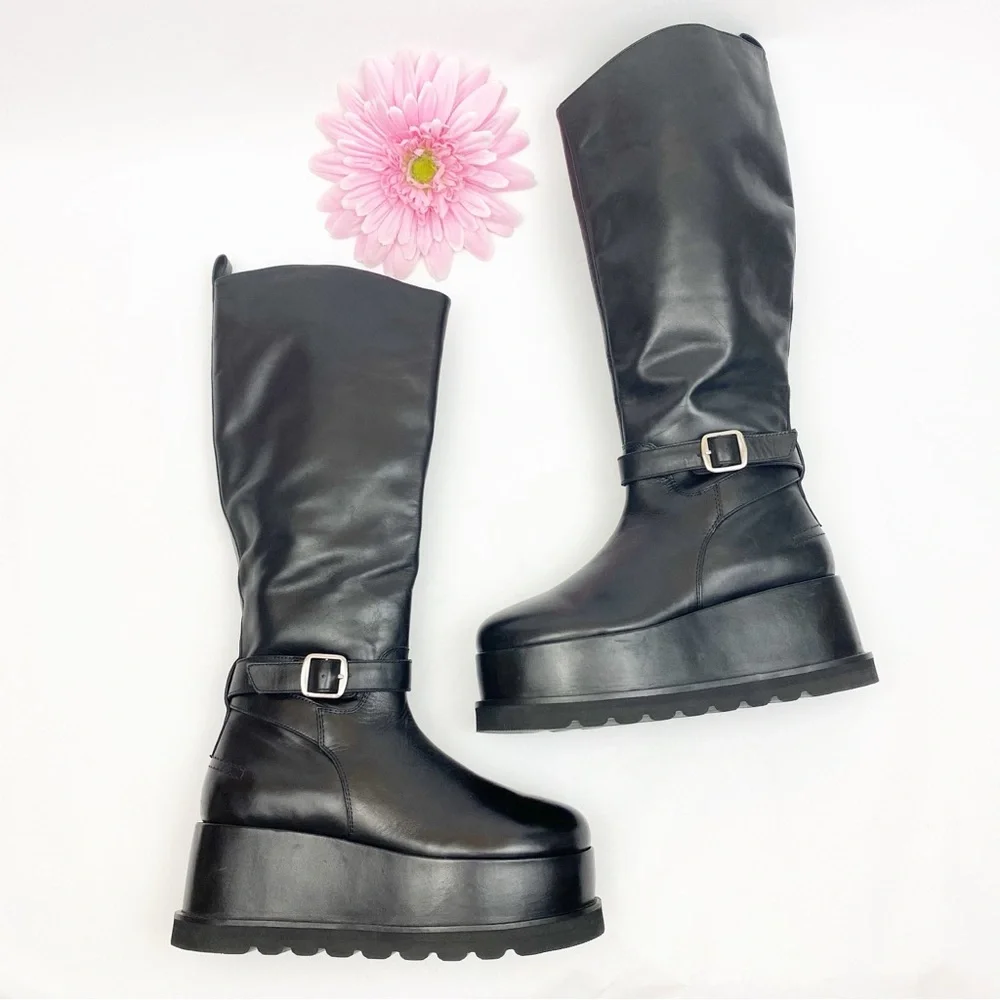 Free People Collection Not For Riding Platform Boots Tall Leather Buckle Black